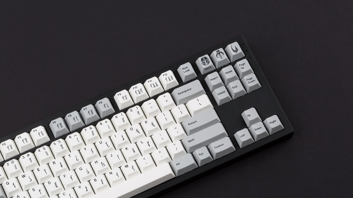  GMK CYL Mandalorian set on black keyboard zoomed in on right 