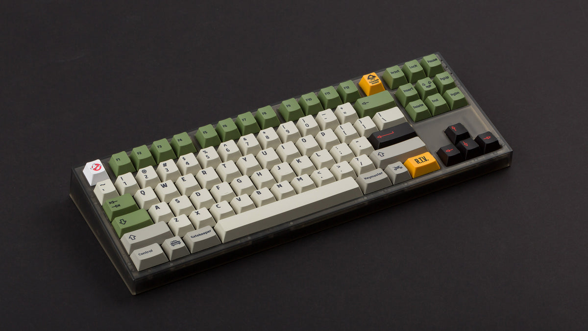  Ghostbustin PBT Keycaps on a NK87 smoke keyboard angled 