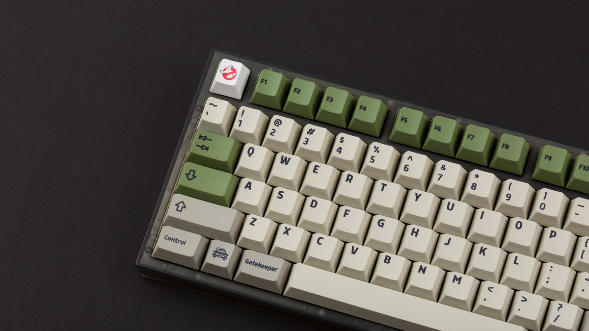  Ghostbustin PBT Keycaps on a NK87 smoke keyboard zoomed in on left 