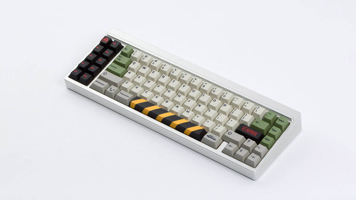  Ghostbustin PBT Keycaps on a silver keyboard angled 
