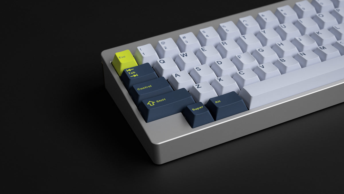  GMK CYL Grand Prix on a silver keyboard zoomed in on left front 