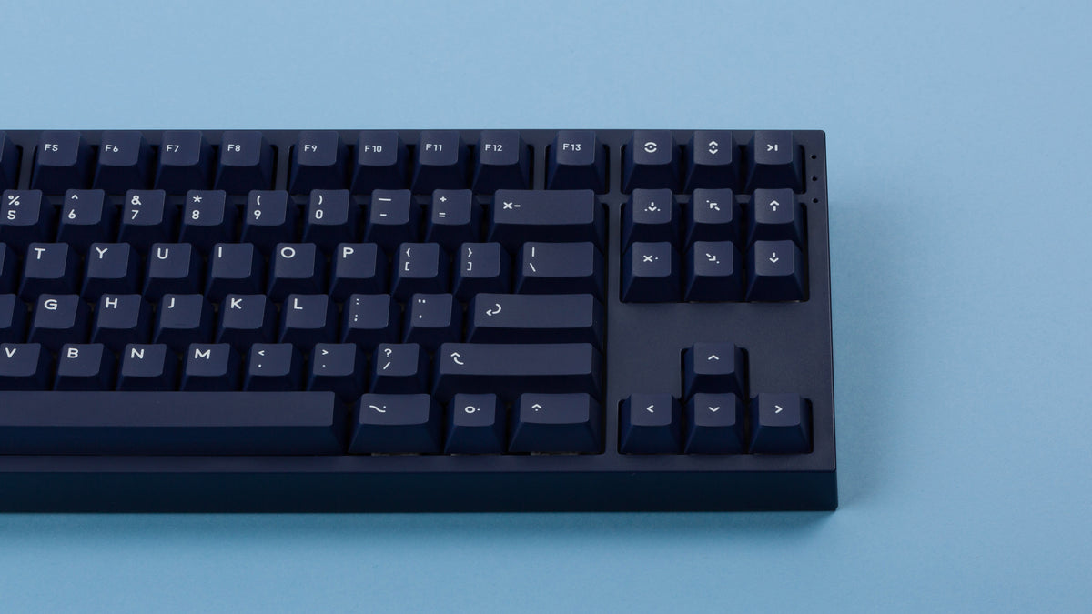  dark blue NK87 case with included dark milkshake themed keycaps  close up of right side monochrome 