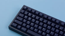 Load image into Gallery viewer, dark blue NK87 case with included dark milkshake themed keycaps close up of left side monochrome