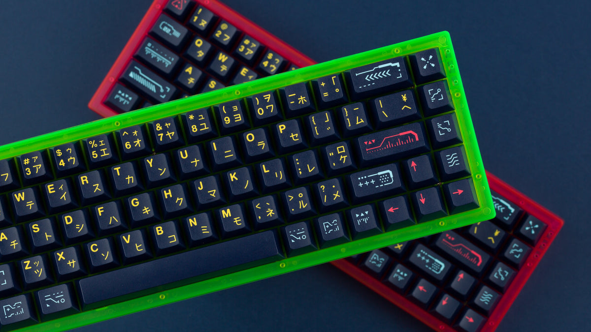  both pink and green cases featuring awaken keycaps stacked 