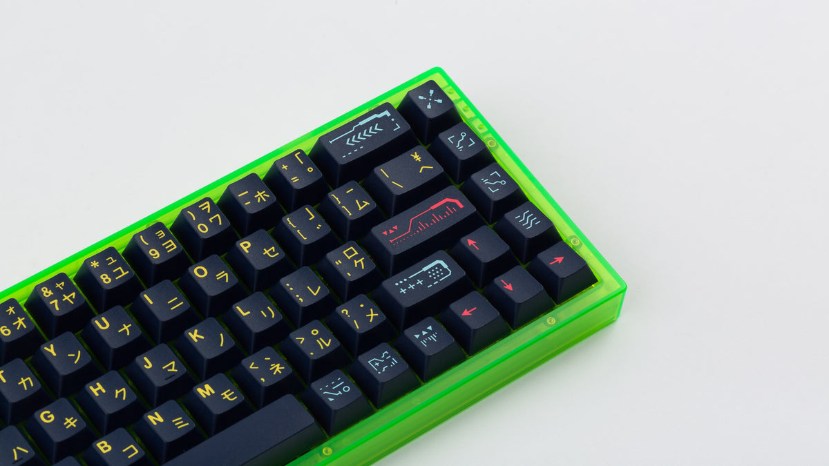  green case featuring awaken keycaps close up of right 