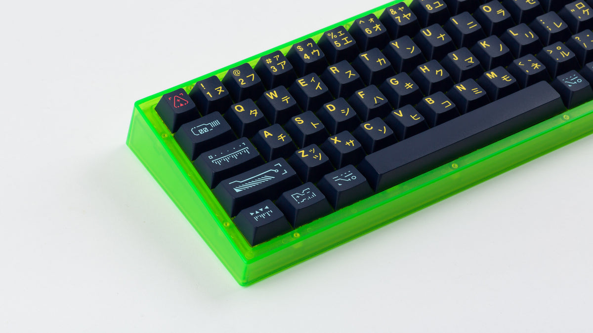  green case featuring awaken keycaps close up of left 