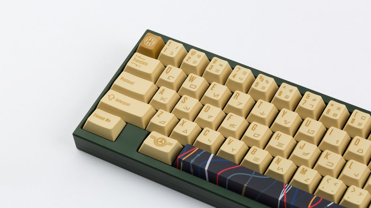  C-3PO keycaps on a dark green keyboard zoomed in to the left 