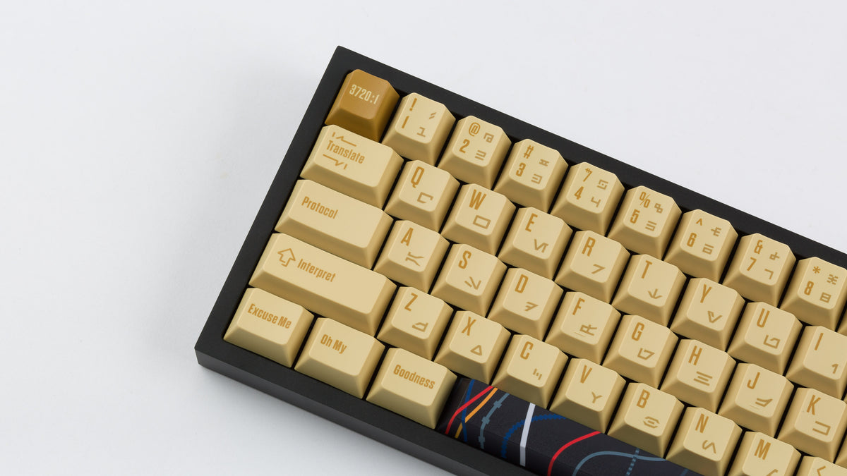  C-3PO keycaps on a black NK65 zoomed in on the left 