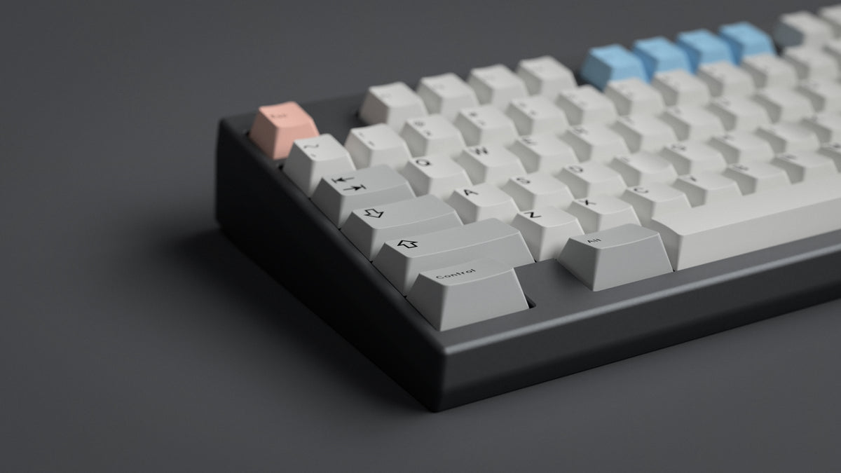  GMK CYL Mr. Sleeves R2 on a gray keyboard zoomed in on left 