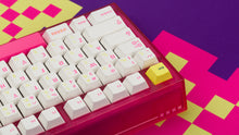 Load image into Gallery viewer, pink tfue themed keyboard with tfue keycaps back view close up of left side purple deskpad