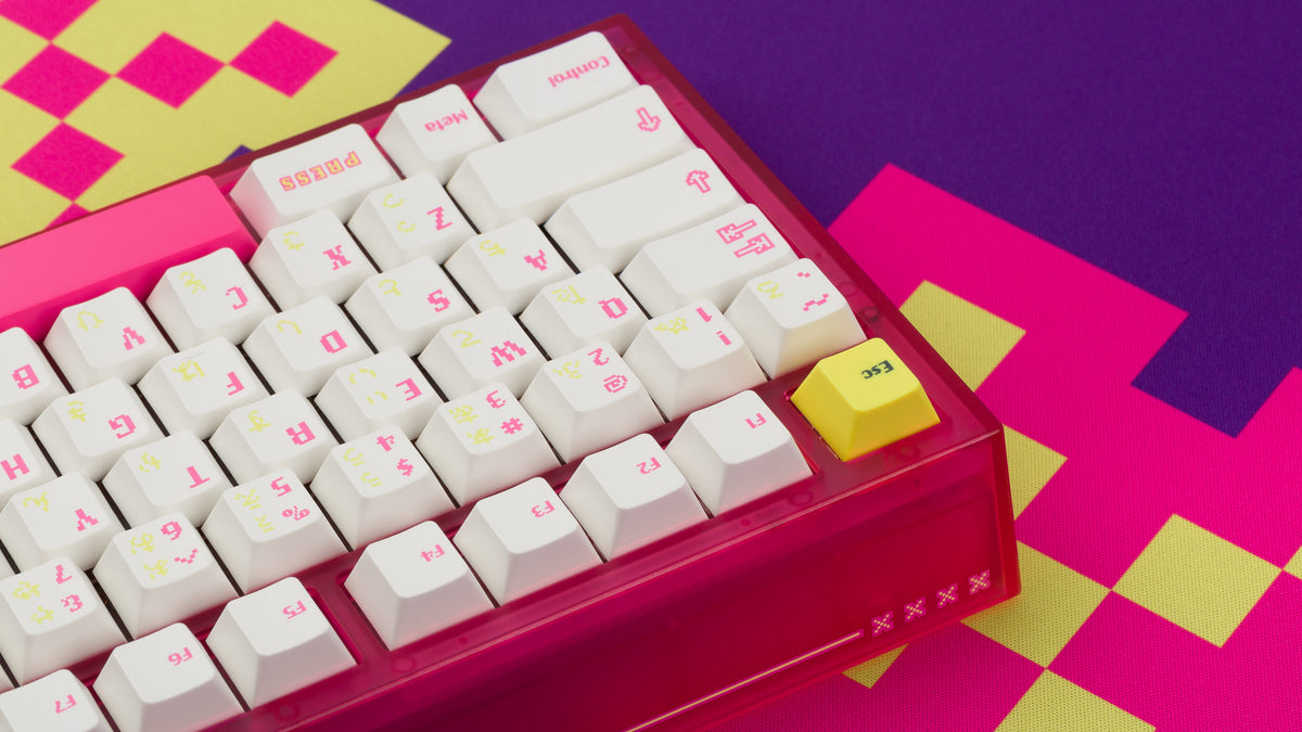  pink tfue themed keyboard with tfue keycaps back view close up of left side purple deskpad 