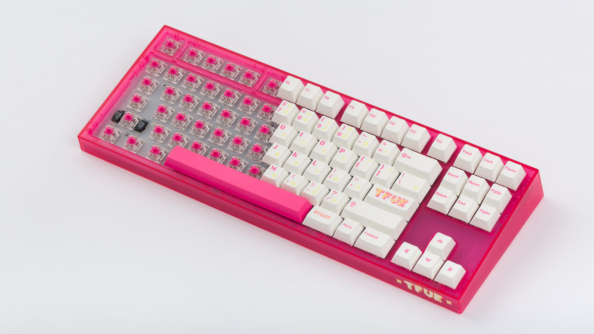  pink tfue themed keyboard with tfue keycaps with exposed switches 