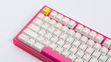 Load image into Gallery viewer, pink tfue themed keyboard with tfue keycaps top left close up