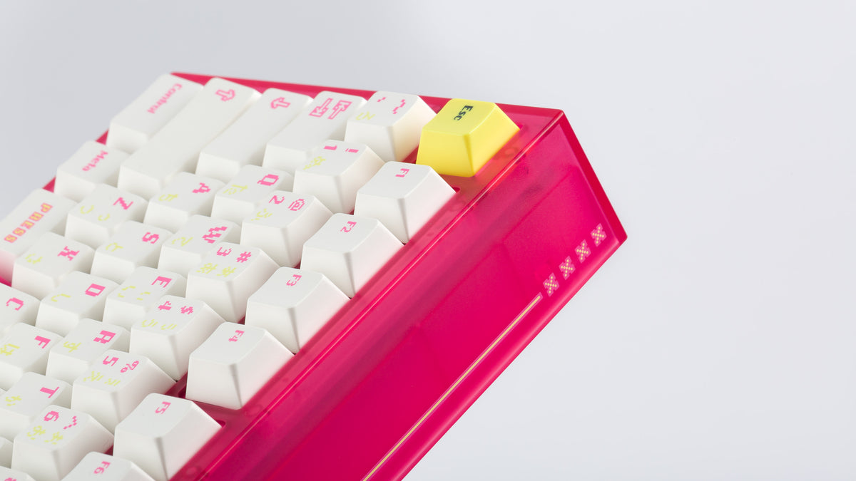  pink tfue themed keyboard with tfue keycaps back view left corner close up 