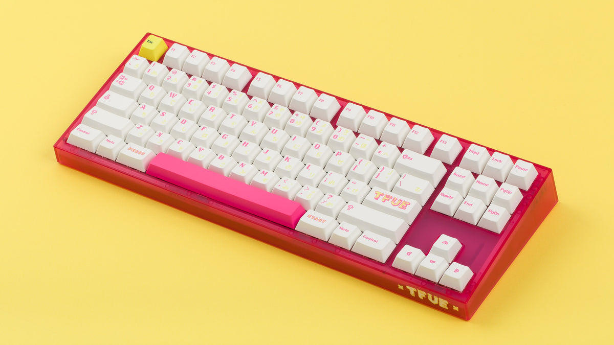  pink tfue themed keyboard with tfue keycaps yellow background  
