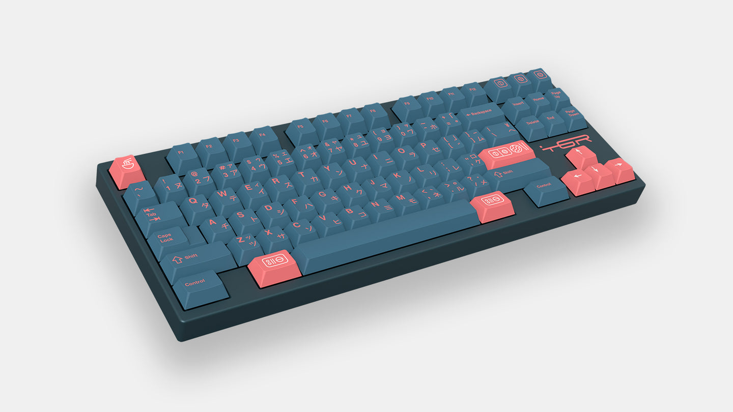 GMK Bento R2 keycaps installed on a keyboard, showing the exact deep blue and salmon-pink colorway and round-two legends