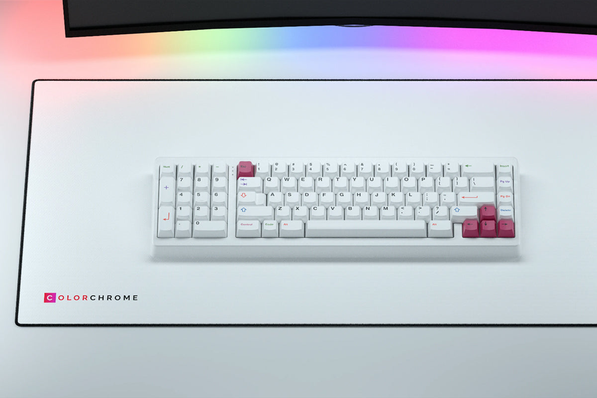  Render of GMK CYL Colorchrome on white keyboard on colorchrome deskpad 