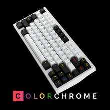 Load image into Gallery viewer, GMK CYL Colorchrome on white keyboard angled with colorchrome written below