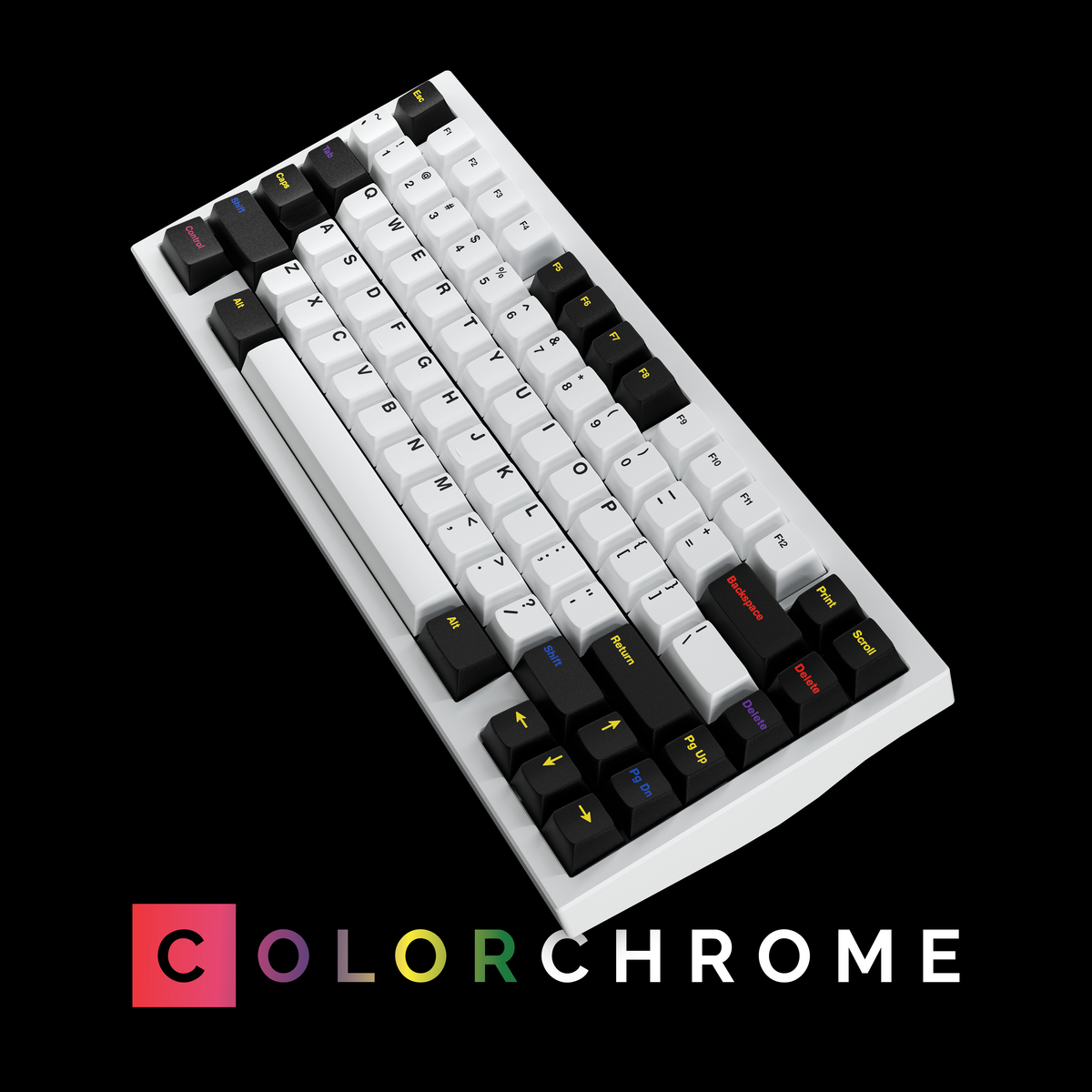  GMK CYL Colorchrome on white keyboard angled with colorchrome written below 