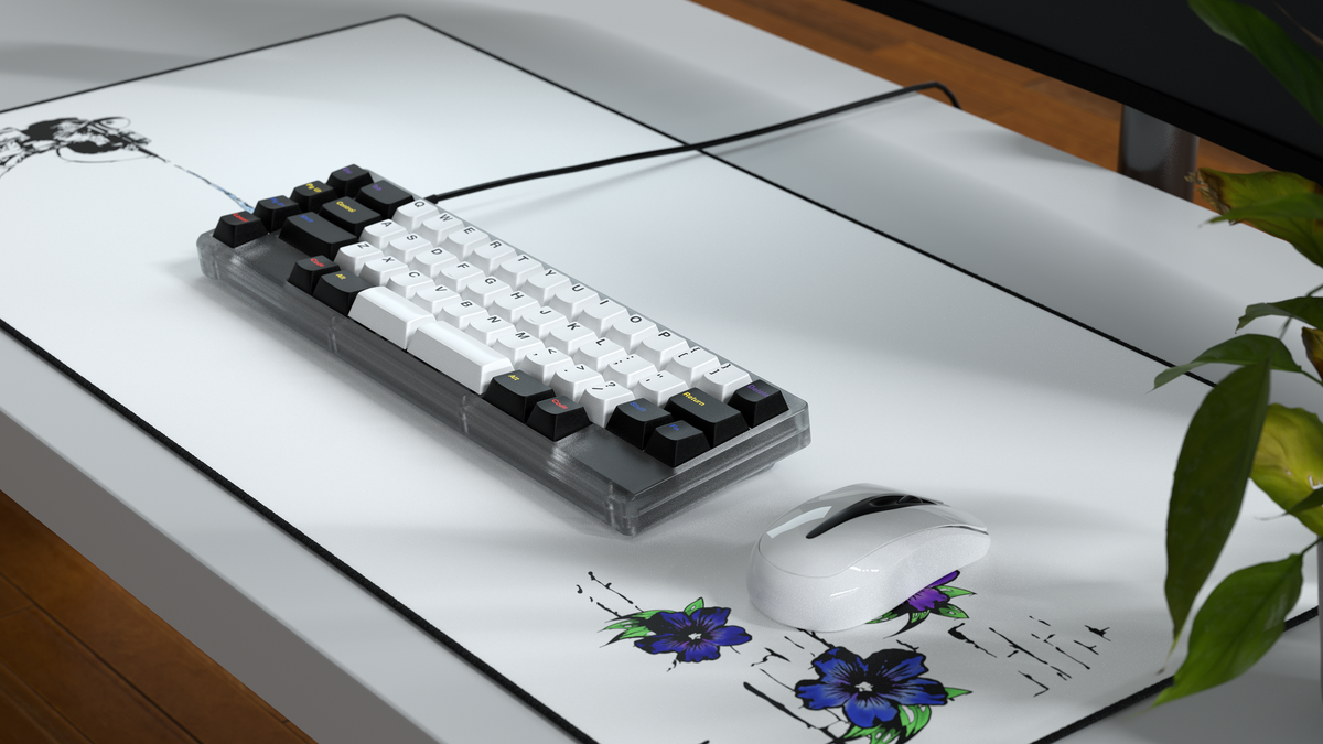  Render of GMK CYL Colorchrome on clear keyboard on top of a colorchrome deskpad 