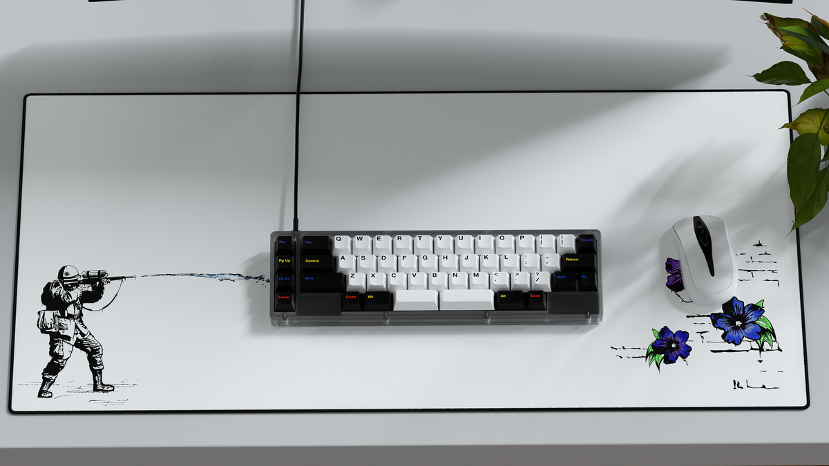  Render of GMK CYL Colorchrome on a clear keyboard on top of a colorchrome deskpad 
