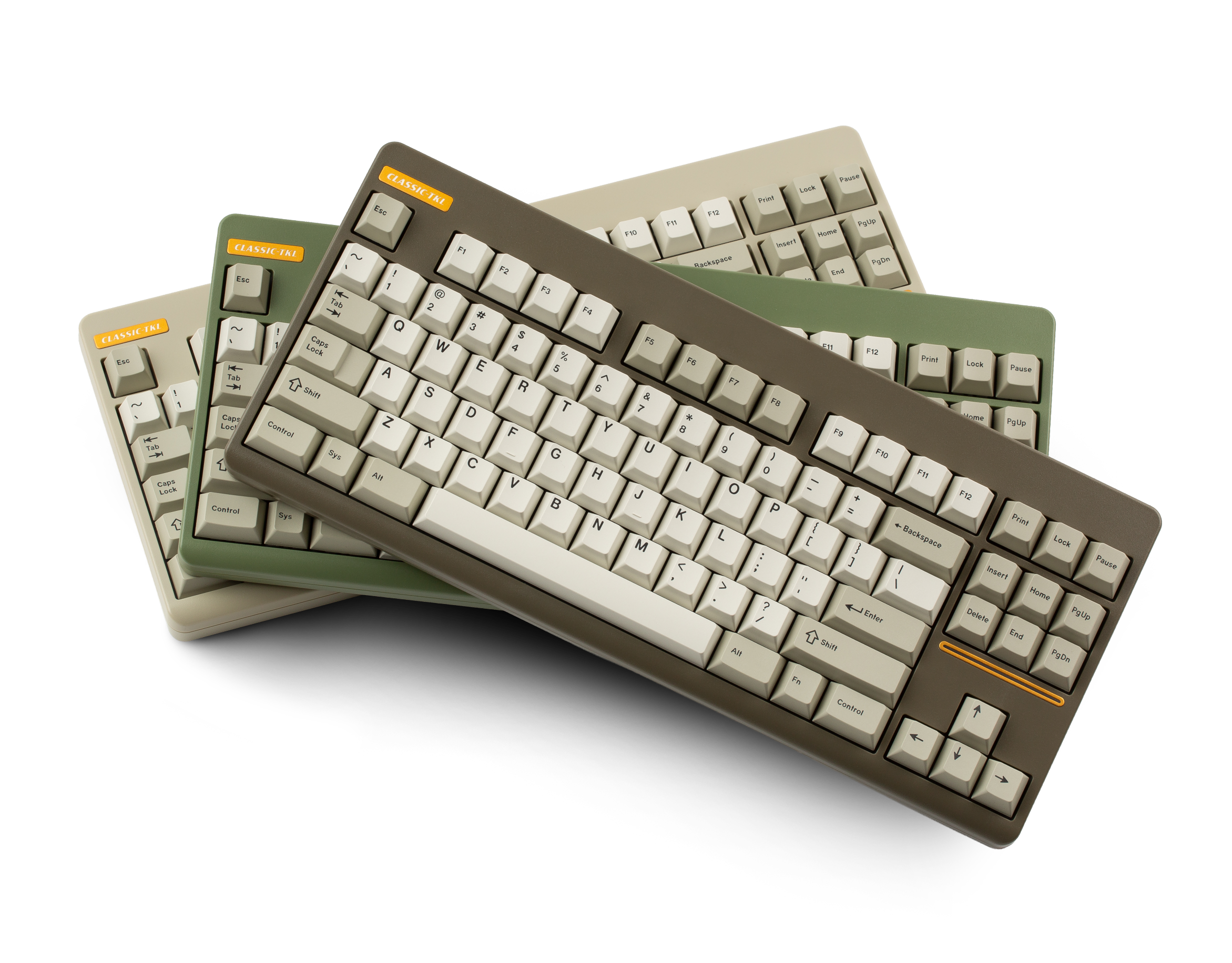The three Underscore CLASSIC-TKL keyboards stacked: Clay, Boulder, and Lichen.